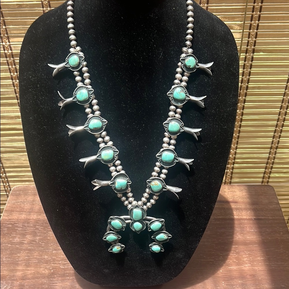Vintage Navajo Turquoise and Silver Squash Blossom Necklace